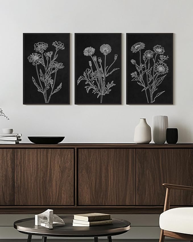 Drsoum Vintage Boho Botanical Flower Wall Art Framed Retro Floral Wall Prints Wildflower Neutral Rustic Bohemain Artwork Kitchen Bedroom Ready to Hang 16x24in Black Framed