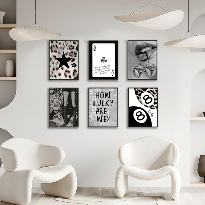 Trendy Leopard Wall Art Black And White Leopard Wall Decor Lucky 8 Ball Y2k Posters Prints Funky Cheetah Aesthetic Canvas Painting for Girls Room Bedroom Apartment Dorm Set of 6 (12x16 Unframed)