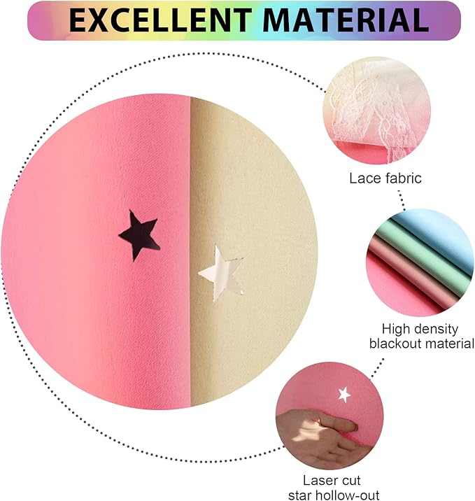 UNISTAR 2 Panels Blackout Stars Curtains for Girls Bedroom Kids Aesthetic Living Room Decor Colorful Double Layer Star Cut Out Stripe Window Wall Home Decoration Curtain,W52 x L63 Inches, Rainbow