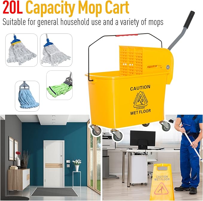 HOMCOM Compact Mop Bucket with Wringer on Wheels for Floor Cleaning, 21 Quart, Separate Dirty and Clean Water, for Home, Apartment, Yellow
