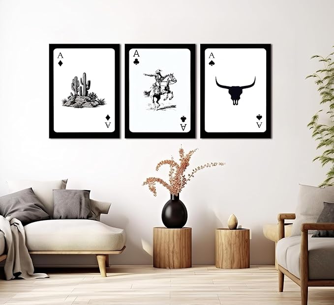 Western Cowboy Wall Art Set of 3 Southwestern Cowboy Print Playing Card Canvas Wall Decor Longhorn Bull Skull Poster Picture Prints Painting for Bedroom Living Room 16x24 In Framed