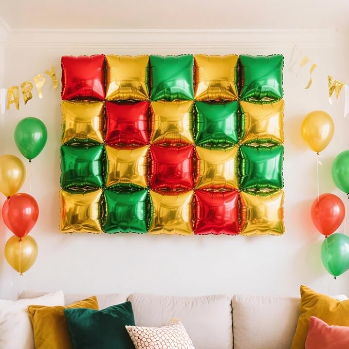 NISOCY 48PCS Red Green Gold Square Foil Balloons Wall Backdrop Double Sided Red Green Gold Balloons Arch Kit for Birthday Christmas New Year’s Graduation Anniversary Wedding Party Decorations