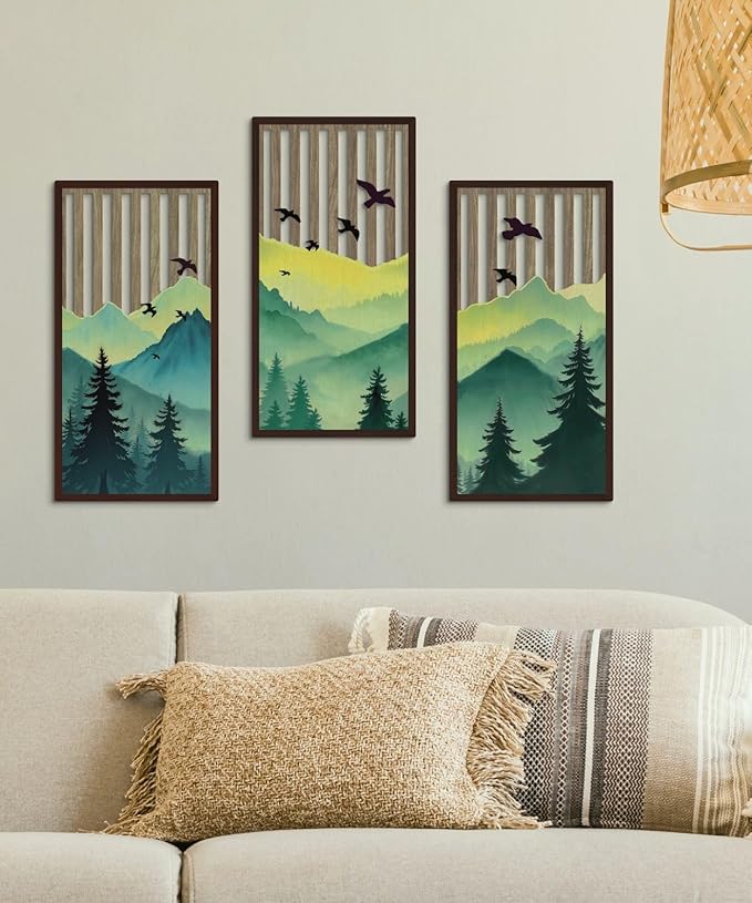 Putuo Decor Forest Mountain Wall Art Set of 3, Nature-Inspired MDF Cut-Out Panels with Bird and Tree Silhouettes, Rustic Wall Decor for Living Room Bedroom Cabin Office