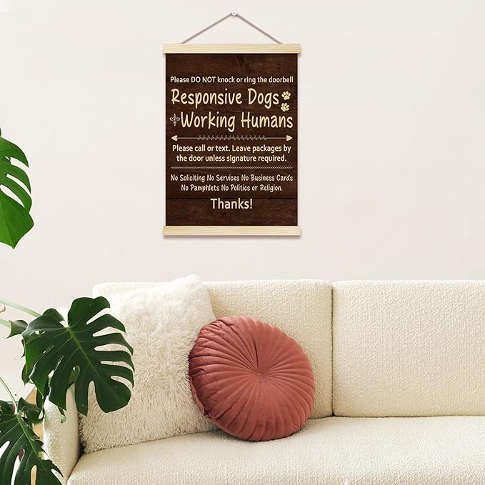 Dog Warning Posters Hanger Frame for Home Funny Dog Hanging Poster for Home Front Door Decor Do Not Knock Wall Art Decor for Dogs Mom Lovers Gifts Canvas Wall Art Print 16x12 Inches - YY054