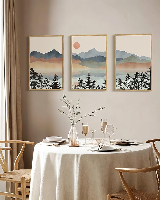 Drsoum Mountain Range Landscape Wall Art Framed Ink Wash Watercolor Nature Wall Decor Laker Sun Rises Prints Bedroom Living Room Ready to Hang 16x24in Natural Framed