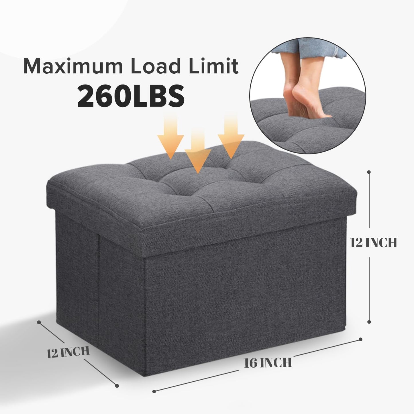 LINMAGCO Ottoman Storage Ottoman with Storage Small Foot Rest Stool Under Desk Stool Short Folding Footrest Linen Cloth Dark Gray 16X12X12IN