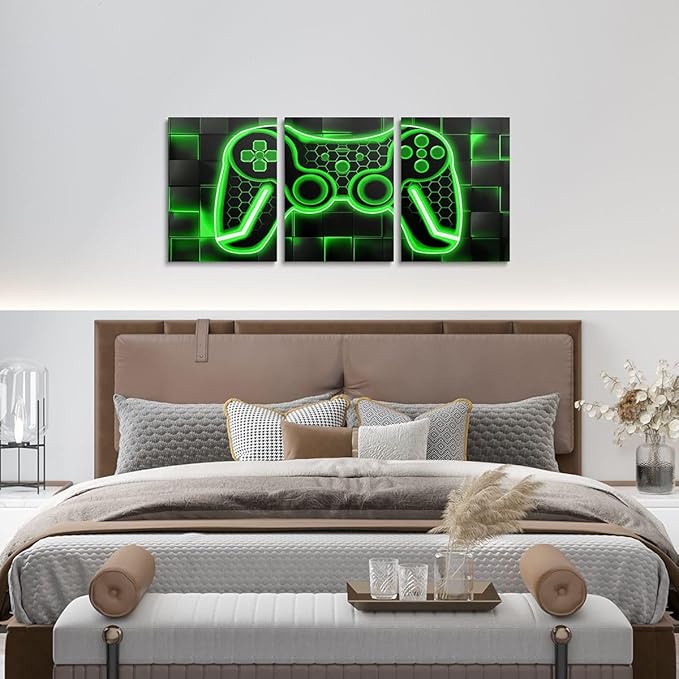 Feelyou Gamer Canvas Wall Art - 12"x16", 3-Piece Green & Black Ombre Gaming Decor, Office & Living Room