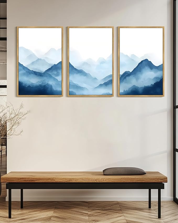 Drsoum Blue Fog Mountains Landscape Wall Art Framed Vintage Nature Misty Nordic Prints Ink Wash Watercolor Boho Farmhouse Rustic Artwork Hallway Bedroom Ready to Hang 24x36in Natural Framed