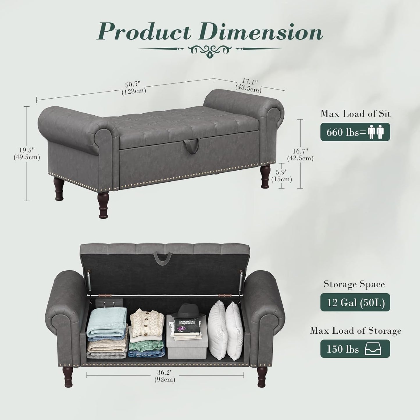 Apicizon 51”Bench with Storage, Upholstered Tufted Button Window Bench with Plenty Hidden Storage Space,Faux Leather Ottoman Bench for Bedroom, Living Room, Entryway，Gray