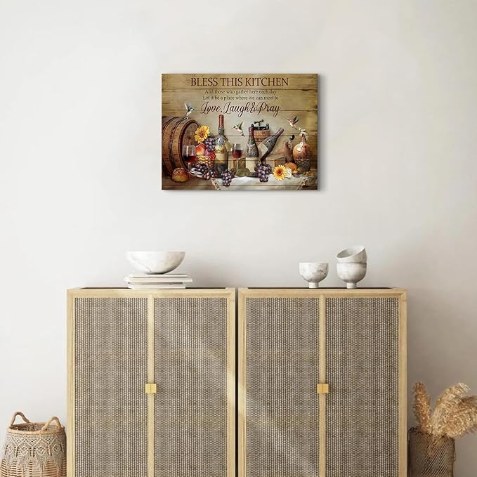 Christian Wall Art Kitchen Wall Decor Rustic Wine Decor Dining Room Pictures Farmhouse Bless This Kitchen Wall Art Gather Sign Canvas Prints Vintage CountryPainting Artwork Home Decorations 12x16"