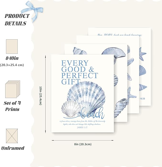 LARTSFRO Beach Ocean Blue Christian Bible Wall Art Decor Posters, Coquette Shells Christian Room Bathroom Bedroom Dorm Wall Art Decor Aesthetic for College Teen Girls Gifts, Inspirational Bible Verses Wall Decor, 10x8 Inch Set of 4 Pcs Summer Beach Pic...