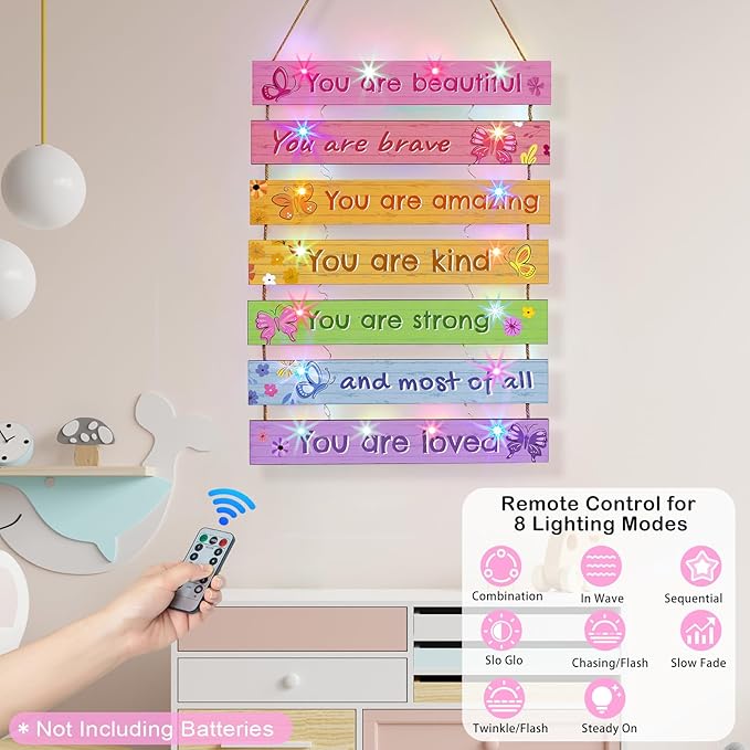 FIOBEE Girls Room Décor for Teen Girls Boys with LED Light Wall Decor for Bedroom Motivational Inspirational Wall Art Room Decoration for Kids Studyroom, 8 Kinds of Lights, Colorful Butterfly