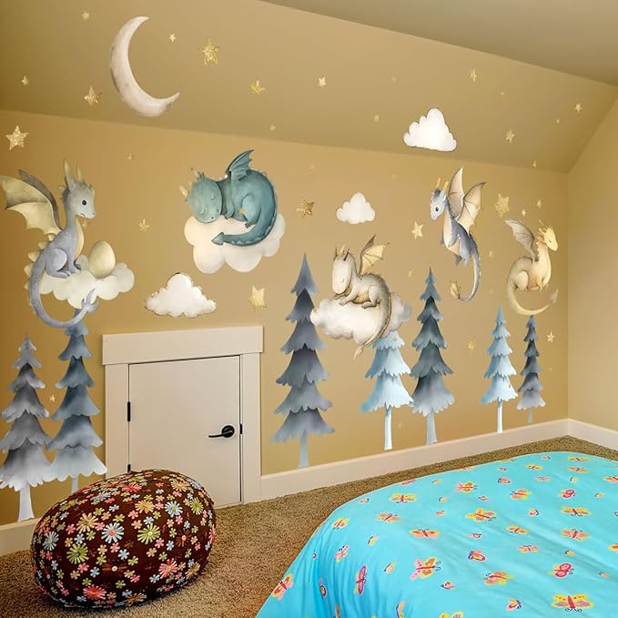 Dragon Wall Stickers,Peel and Stick Colorful Flying Dragon,White Clouds, Stars.Tree Self-Adhesive Mural，Removable Wall Sticker for Living Room Baby Nursery Kids Room Wall Decor (Large Dragon Decal)