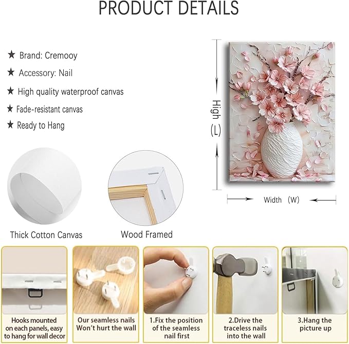 Pink Floral Canvas Wall Art sakura Flowers Botanical painting Decor Pictures Cherry blossoms Posters Prints for Living Room Classroom Bedroom office corridor bathroom Decoration