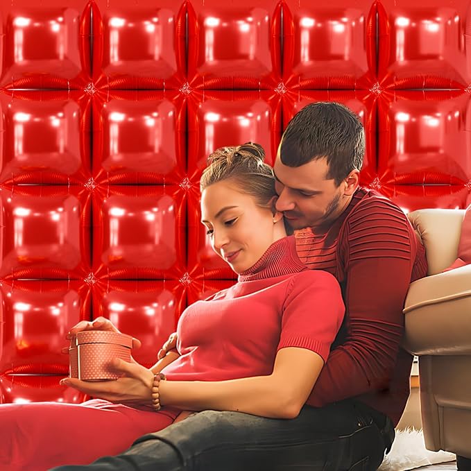 NISOCY 25PCS Red Square Foil Balloons Wall Backdrop Metallic Double Sided Red Christmas Balloon Tunnel Arch Kit for Christmas Birthday Baby Shower Valentine‘s Day Party Decoration