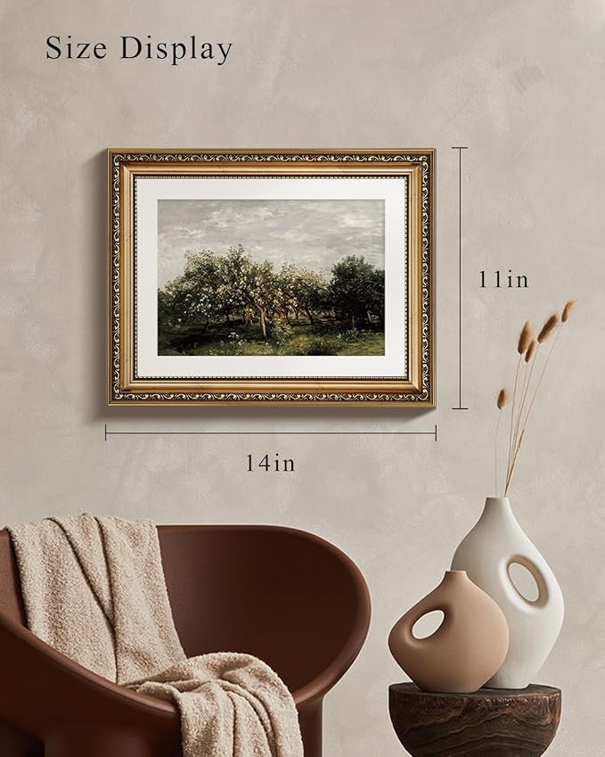 VIYYIEA Gold Framed Impressionist Landscape Orchard Wall Art, Elegant Nature Scene for Living Room Decor | Zero-Glare No Glass Design, Lightweight Canvas Painting | 11x14 Inch