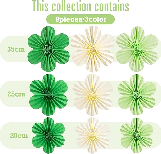 SUNBEAUTY Green Paper Flowers Decorations for Wall, Spring Summer Paper Fans Decor, Classroom Decor Paper Floral Backdrop Paper Flowers Decoration Hanging Paper Fans Green Flower Wall Decor, Set of 9