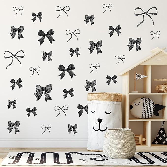 Whaline 12 Sheets Black Bow Wall Stickers Watercolor Bowknot Wall Decals Room Mural Stickers for Coquette Wedding Birthday Party Home Nursery Decor, 7.9 x 11.8 Inch
