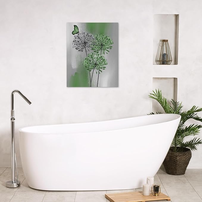 LB Green Dandelion Wall Art Green Grey Dandelion with Butterfly Canvas Wall Art Modern Abstract Wall Art Decor for Living Room Bedroom Bathroom Office Framed Ready to Hang 10L x 8W