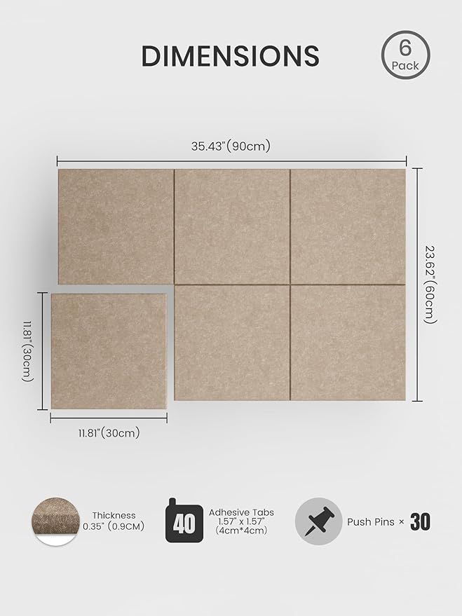 Bumusty Large Cork Board 36" x 24" Alternative - 6 Pack Felt Wall Tiles with 40 Safe Removable Adhesive Tabs, 30 Pushpins, Cork Boards for Walls Pin Board Bulletin Board Office Decor (Taupe)