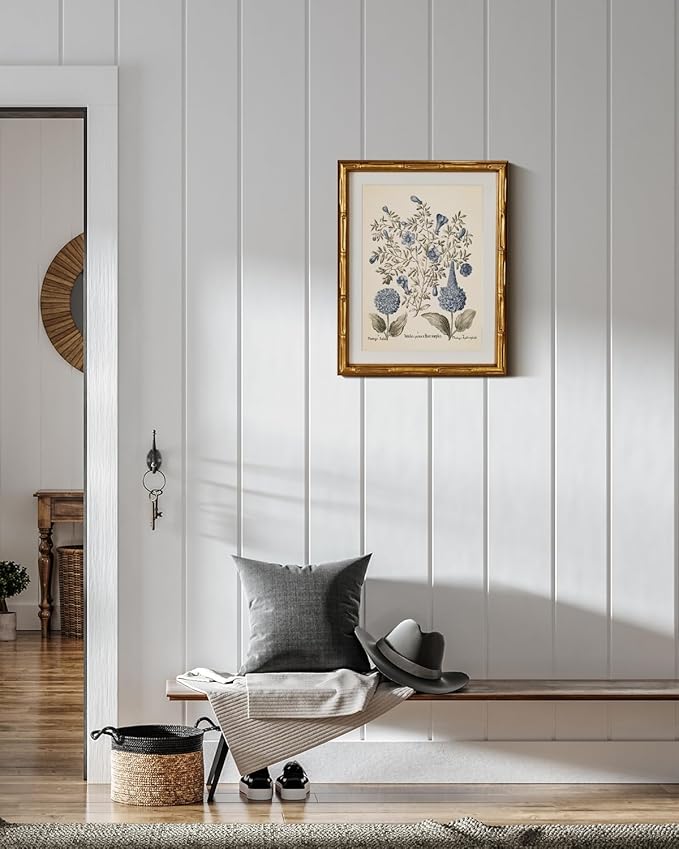 InSimSea Gold Bamboo Framed Canvas Wall Art, Retro Blue Hydrangea Botanical Prints, Antique Flowers Picture Frame with Mat, Victorian Home Wall Decor for Kitchen Living Room Bedroom, 11x14inch
