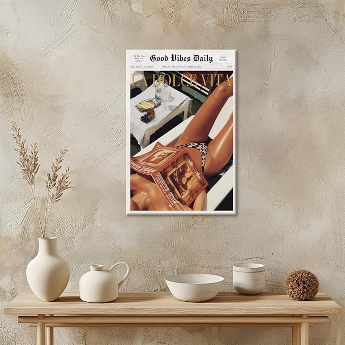 Trendy Newspaper Posters Vintage Good Vibes Daily Wall Art 60s La Dolce Vita Poster Beach Vibe Funky Aesthetic Retro Trippy Art Canvas Prints for Cool Girl Room Home Dorm Decor 12x16inch Unframed
