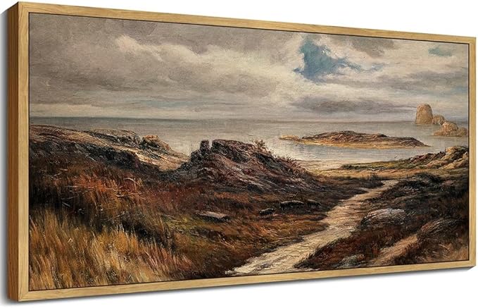 SHENIFY 20x40in Extra Large Vintage Framed Wall Art Seaside Path Wilderness Landscape Painting Retro Coastal Scenery Farmhouse Bedroom Above of Bed Living Room Decor - Natural Framed