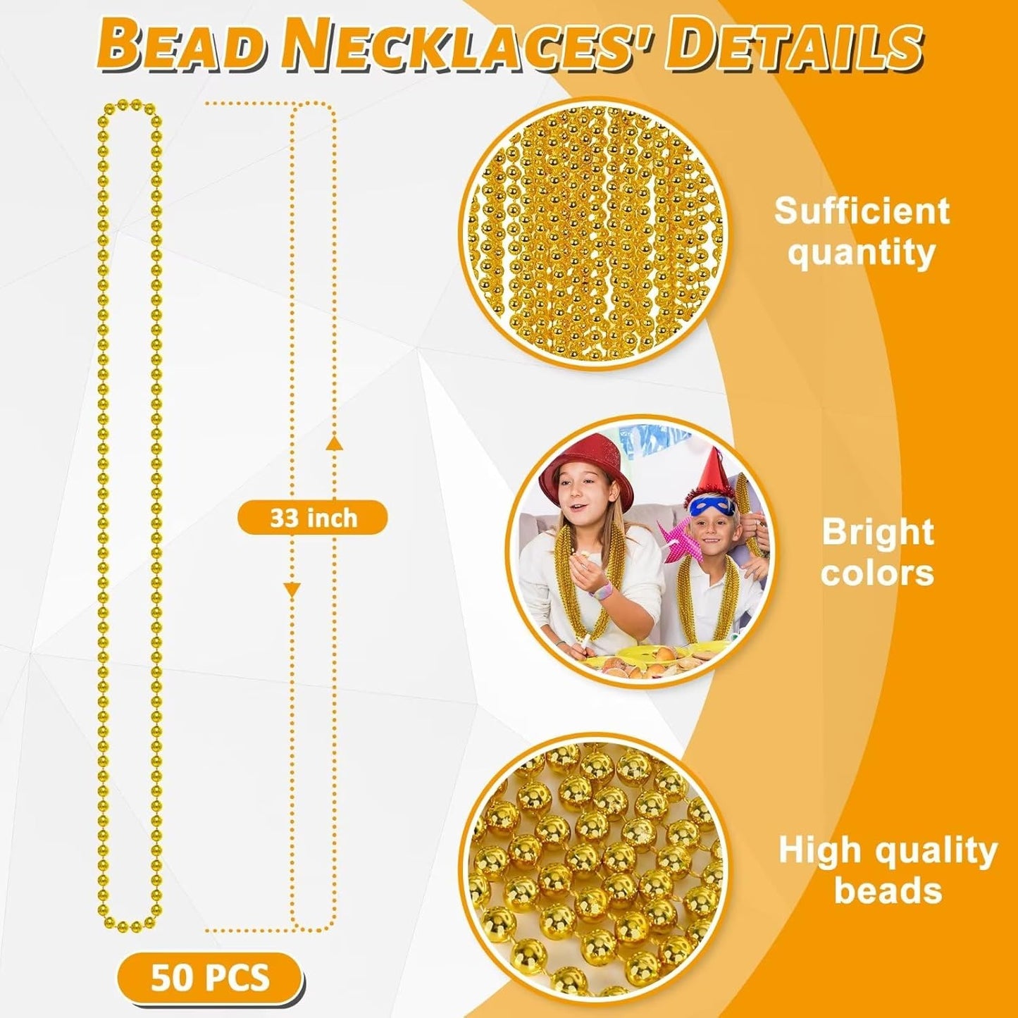 50PCS Mardi Gras Beads, Gold Bead Necklace Stuff, 33" Mardi Gras Christmas Beads Necklace Costume, Festival Parade Throw Accessories for Mardi Gras St Patricks Xmas Wedding Birthday Supplies Decor