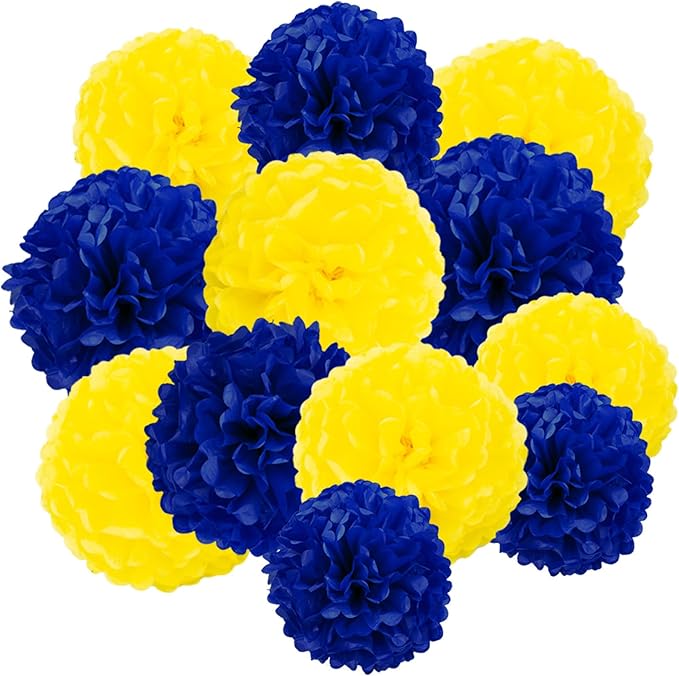 We Moment Navy Blue and Yellow Paper Pom Poms for Wedding Birthday Party Ceiling Wall Hanging Tissue Flowers Blue Yellow Decorations 12pcs