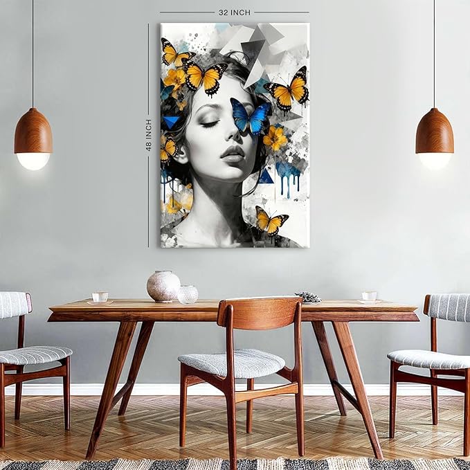 Abstract Butterfly Wall Art Feminine Portrait Paintings Pictures for Bathroom Wall Decor Black and White Woman Canvas Prints Modern Aesthetics Artwork for Living Room Bedroom Home Decorations 32X48''