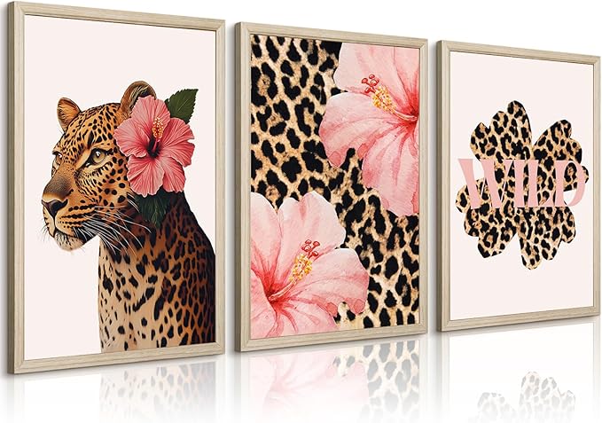 Trendy Leopard Wall Art Pink Cheetah Print Room Decor Leopard Flower Canvas Wall Decor Cheetah Aesthetic Poster Girly Pink Preppy Picture Funky Y2k Artwork for Girl Bedroom 16x24x3 Inch Wood Framed