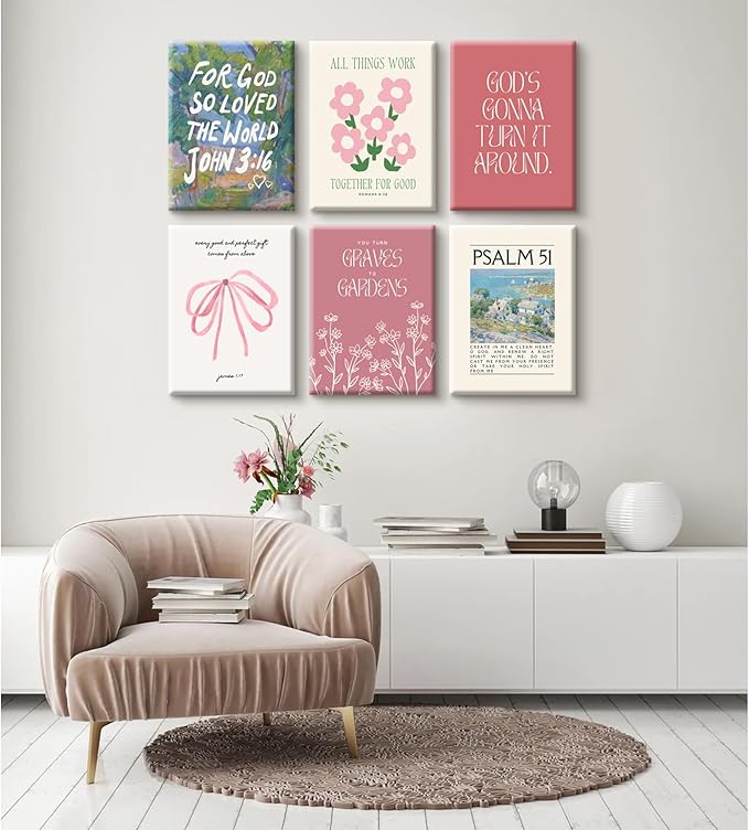 Christian Wall Art Coquette Aesthetic Decor Poster Pink Bow Canvas Wall Art Bible Verse Scripture Poster Religious Floral Prints Picture Christian Artwork for Living Room Bedroom 8x10x6 Ready to Hang