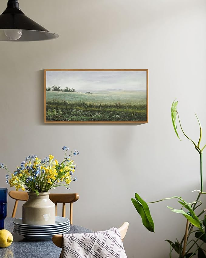 SHENIFY Vintage Framed Wall Art The Vast Grassland Landscape Painting Retro Meadow Scenery Farmhouse Kitchen Living Room Decor - 8x16in Natural Framed