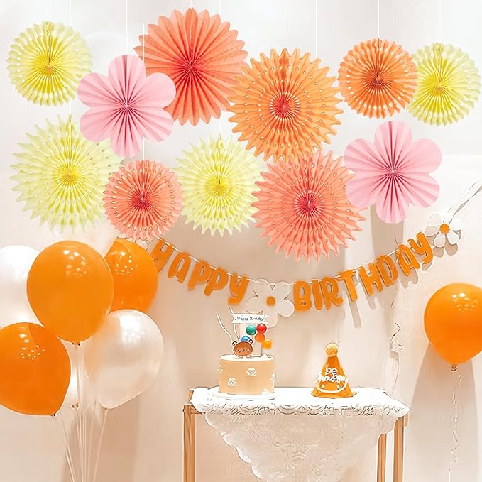 PAPER JAZZ Paper Flowers with Paper Fan Boho Hanging Decor Artificial Flowers Decorations for Wall Pink and Orange Party Decorations for Classroom, Beach Party, Summer Birthday Party Pack of 11.