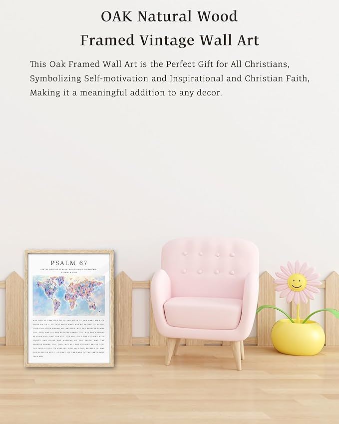 KensTro Natural OAK Wood Nursery Decor Framed Wall Art, 12x16 in Inspirational Christian Bible Verse Canvas Wall Art,God Universal Salvation PSALM 67 Print for Boys Girls Playroom Bedroom Decor 1Pack
