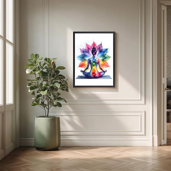 GELDSTEI Wood Framed Zen Wall Art, Chakra Yoga Wall Decor, Colorful Meditation Poster Print, Spiritual Canvas Painting, Vibrant Meditating Woman Aesthetic Picture for Living Room Yoga Studio 12x16 Inch