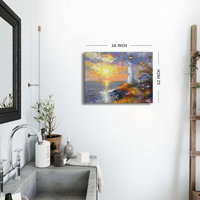 Coastal Wall Art Lighthouse Decor Beach Bathroom Decor Nature Ocean Landscape Canvas Prints Pictures Modern Nautical Seascape Painting Artwork for Kitchen Bedroom Living Room Home Decoration 12x16"