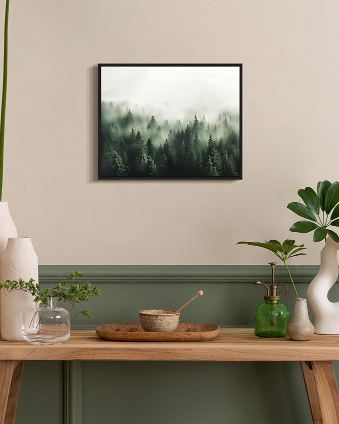 SHENIFY Green Fog Pine Tree Forest Vintage Framed Wall Art Modern Landscape Scenery Farmhouse Artwork Prints Decor for Kitchen Living Room Bedroom Bathroom - 8x10in Black Framed