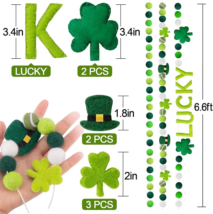 3 Pack Felt St. Patrick's Day Decorations Garland - 6.6 FT Lucky Pom Pom Shamrock Garlands, Green Irish Themed Party Favors for St. Patrick's Day Mantle Home Supplies Decorations