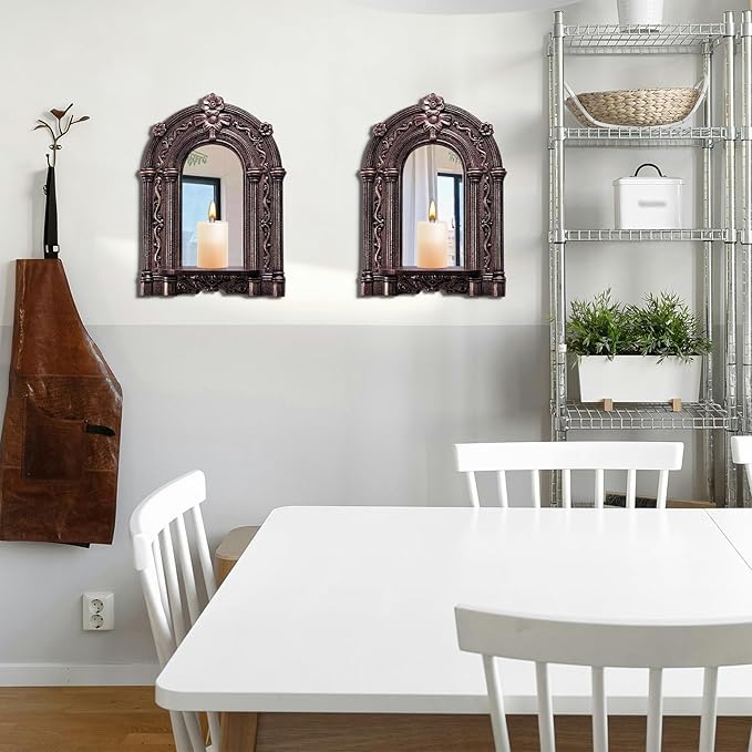 Three-Dimensional Relief Candle Sconces Set 2 Rustic Wall Mount Candle Holders Wood Hanging Wall Decor Mirrored Wall Art Hand Carved Home Decoration