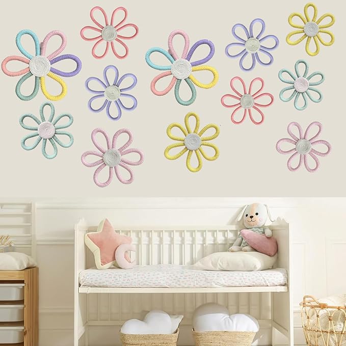 KUNHEHO Boho Wall Decor Set of 6 Daisy Flower Wall Decor Nursery Bedroom Decor Bohemian Macrame Wall Hanging Decor for Nursery Home Bedroom ((Vivid Colors)