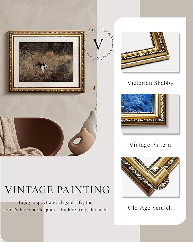 VIYYIEA Gold Framed Vintage Black Cat Holding A Bird Wall Art, Rustic Nature Scenery for Living Room Decor | No-Glass Design, Textured Canvas Finish | Elegant Home Office Wall Art, 13x16 Inch.