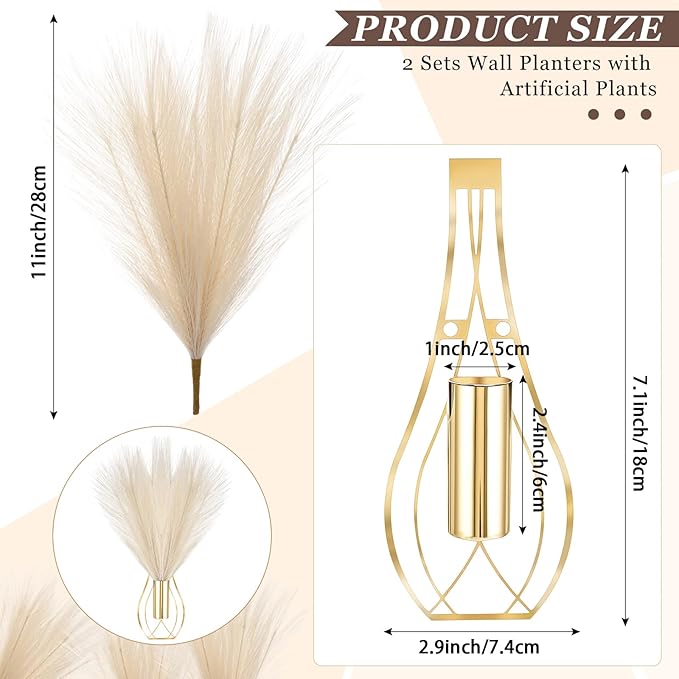 Otoolling 2 Pieces Hanging Plant Wall Decor with Artificial Pampas Grass Metal Hanging Vase Modern Geometric Farmhouse Bohemian Wall Art for Living Room Bedroom Kitchen Bathroom Office(Gold, Beige)