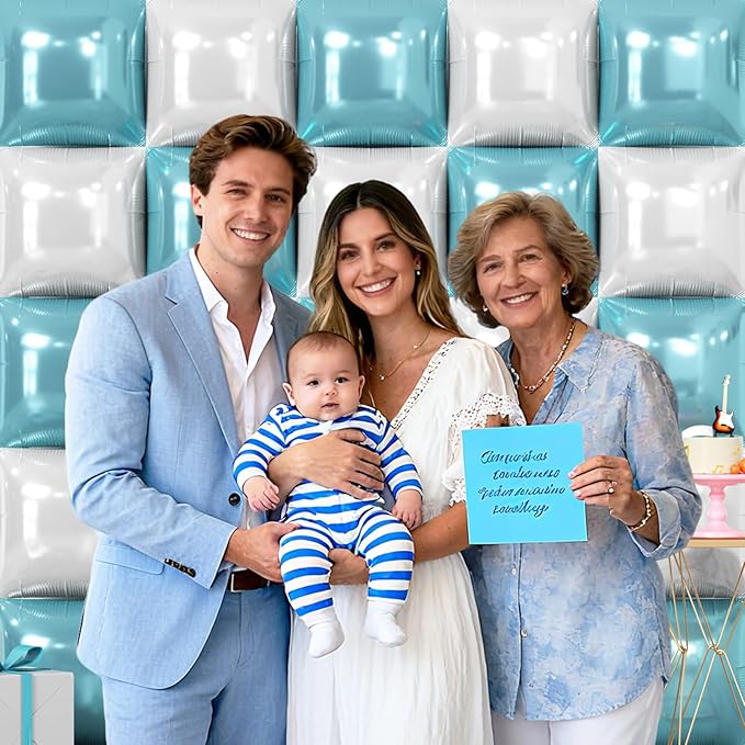 NISOCY 25PCS Pearl White and Light Blue Square Foil Balloons Wall Backdrop Double Sided Blue and White Balloons Arch Kit for Bridal Baby Shower Wedding Engagement Birthday Theme Party Decorations