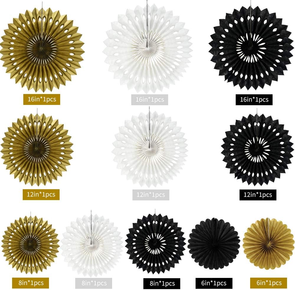 BEISHIDA Black Gold White Hanging Honeycomb Round Paper Fans Decoration Set for New Year Baby Shower Birthday Wedding Bachelorette Photo Booth Backdrops Anniversary Paper Party Supplies（11packs）