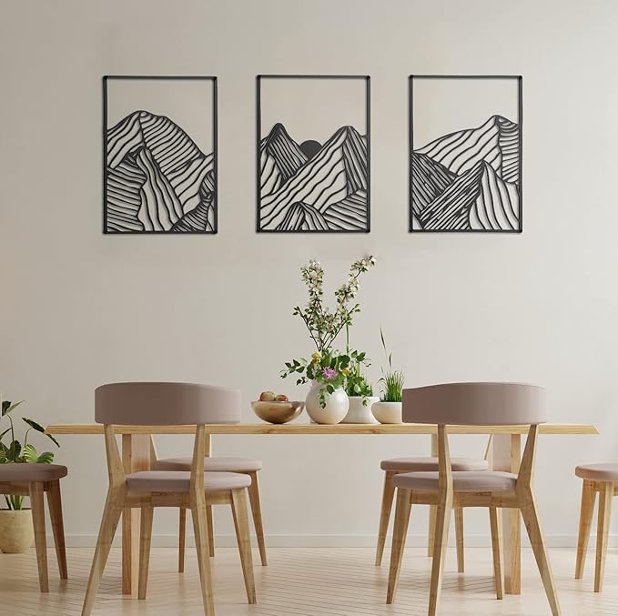 Peryiter 3 Pcs Metal Wall Art Decor Landscape Mountain Wall Hanging Decor for Living Room Abstract Minimalist Modern Mountain Line Pictures Bathroom Office Home Gifts Indoor(Black)