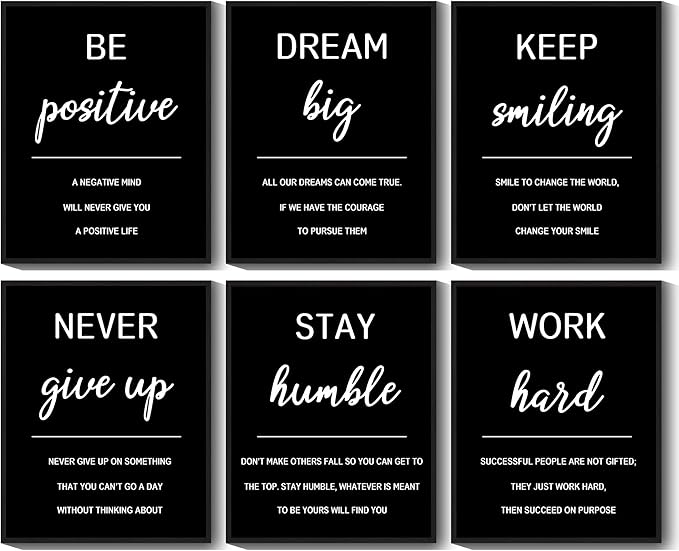 KUVIOKE Inspirational Framed Wall Art Motivational Quotes Wall Decor Encouraging Office Posters Sayings for Classroom Bedroom Living Room Ready to Hang Set of 6, 8x10in (Black Framed)