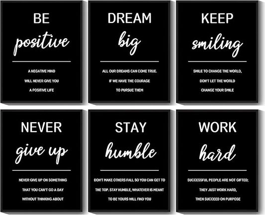 KUVIOKE Inspirational Framed Wall Art Motivational Quotes Wall Decor Encouraging Office Posters Sayings for Classroom Bedroom Living Room Ready to Hang Set of 6, 8x10in (Black Framed)