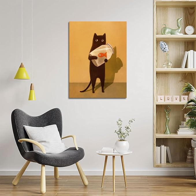 Funny Black Cat Wall Art, Abstract Black Cat and Fish Canvas Poster Print Picture, Cute Animal Wall Decor, Perfect for Cat Lovers for Bathroom Living Room Bedroom Kids Room 16x24 in Framed