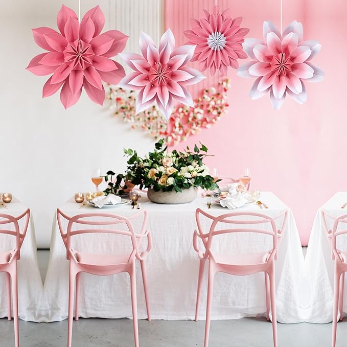 ADLKGG Paper Flower Fan Decorations, Pink Paper Fan Flower Wall Background for Classroom Decor, Tea Party, Spring Summer Party, Birthday, Baby Shower, Wedding, Valentines Day Decorations, Set of 4